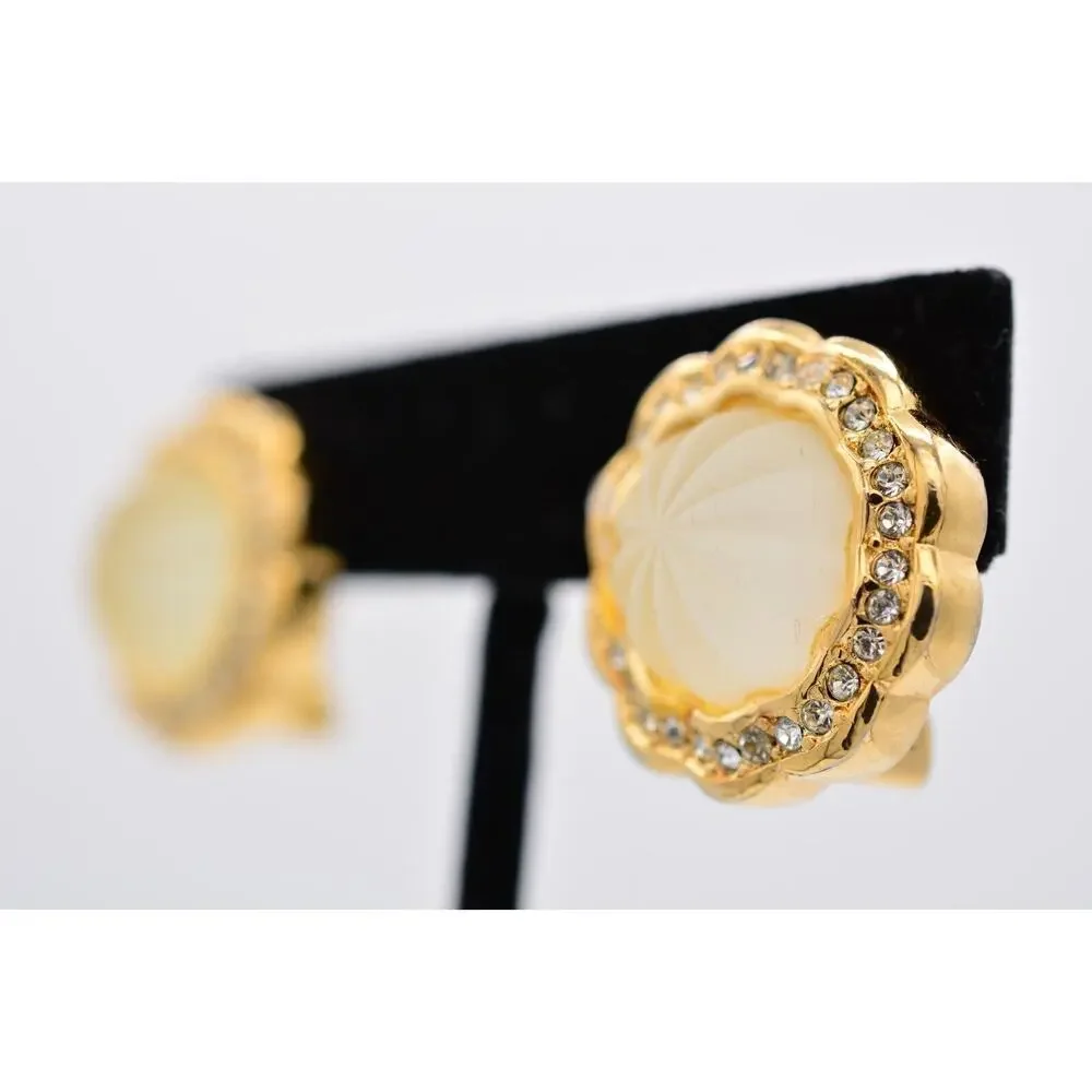 Christian Dior Vintage Clip On Earrings Frosted Glass Crystal Gold Signed BinAB